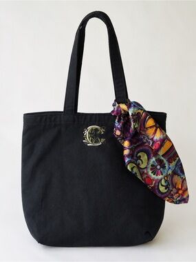 Black Canvas Tote Bag Embroidered Monogram G Colorful Satin Scarf Shoulder Bag